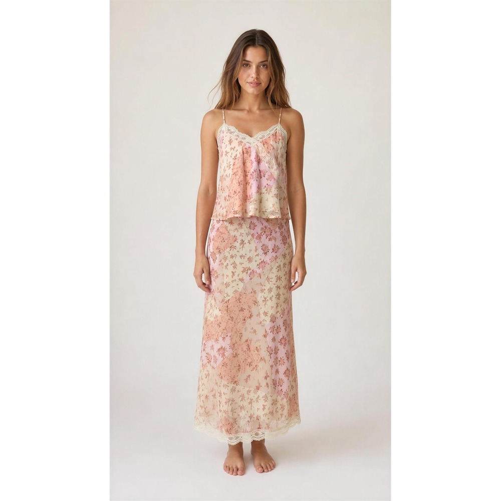 Pink Rose 2 Piece Set Floral Patchwork Lace Trim Cami and Maxi Skirt Pink Peach